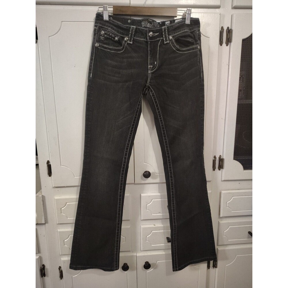 Miss Me Mid Rise Boot Cut Jeans Sz 29 Black Embellished Y2K Bold Stitching